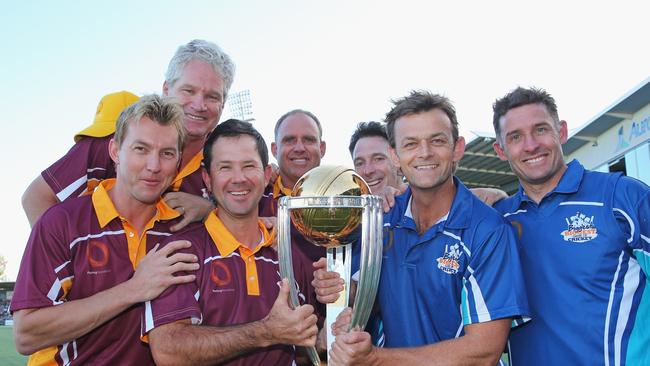 Dean Jones, Brett Lee, Michael Hussey, Ricky Ponting, Matthew Hayden, Damien Fleming and Adam Gilchrist pose with the the ICC Cricket World Cup trophy during the Ricky Ponting Tribute Match at Aurora Stadium on January 30, 2014 in Launceston.