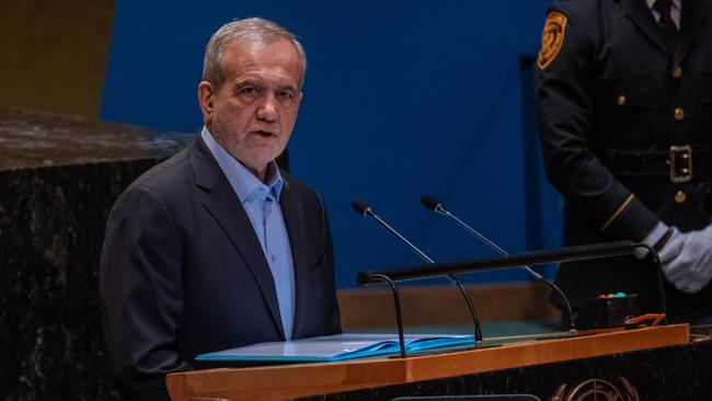 Iranian President Masoud Pezeshkian addresses world leaders during the United Nations General Assembly on September 24. Picture: Getty