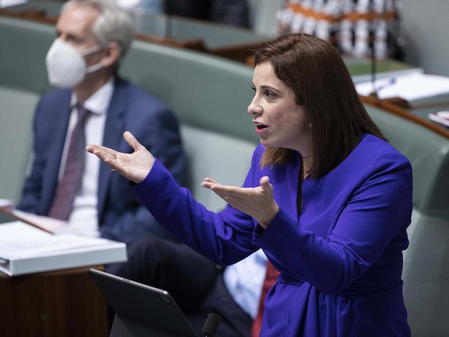 ‘Where are your masks?’ Aged Care Minister Anika Wells demanded of a largely maskless opposition. Picture: Gary Ramage