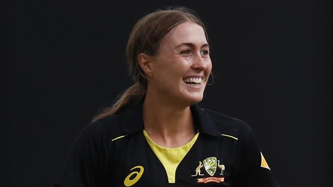 MELBOURNE, AUSTRALIA - FEBRUARY 12: Tayla Vlaeminck of Australia celebrates after dismissing Jemimah Rodrigues of India during the Women's Twenty20 Tri-Series Final between Australia and India at Junction Oval on February 12, 2020 in Melbourne, Australia. (Photo by Daniel Pockett/Getty Images)