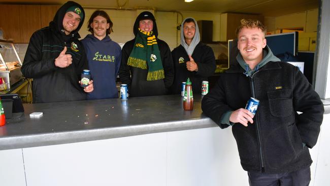 West Gippsland league grand final match 2024 — Phillip Island Bulldogs V Nar Nar Goon "The Goon" Football Club at Garfield Recreation Reserve on September 14, 2024: Scott Simpson-Brewer, Will Pickering, Jett Pickering, Josh Evans and Jerry Whibley. Picture: Jack Colantuono