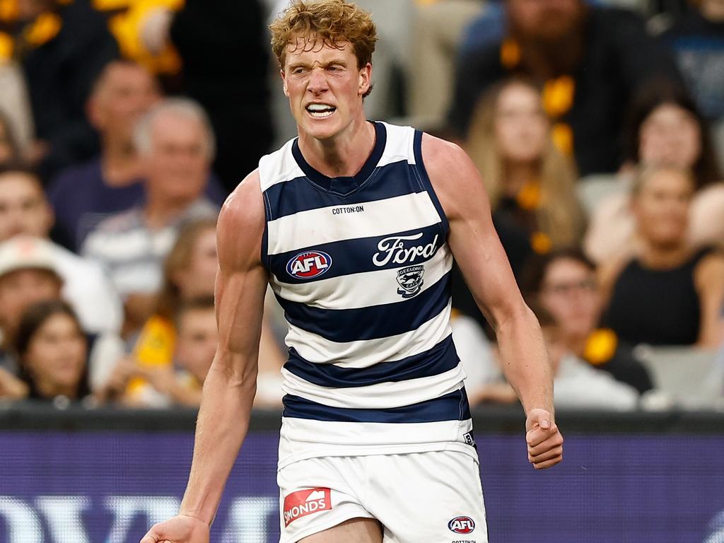 Toby Conway celebrates his first goal. Picture: Michael Willson/AFL Photos via Getty Images