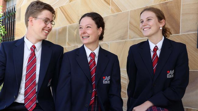 Rose Bay Secondary College students (L-R) Hordur Zoega, 18, Alexandra Hay, 17, and Harriet Shand, 17, sat their first English HSC exam on Tuesday. Picture: David Swift