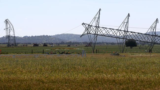 Powerline towers brought down outside of Melrose, in SA’s Mid North, in September 2016. Picture: Kelly Barnes/The Australian