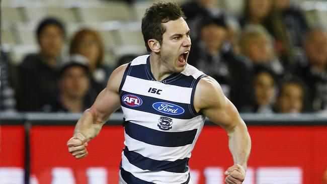 AFL Round 22. Geelong vs Collingwood at the MCG. Daniel Menzel celebrates after kicking his 3rd goal 3rd qtr . Pic: Michael Klein. Friday August 28, 2015.