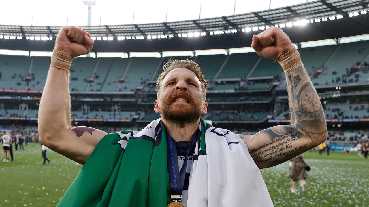MELBOURNE, AUSTRALIA - SEPTEMBER 24: Zach Tuohy of the Cats celebrates during the 2022 Toyota AFL Grand Final match between the Geelong Cats and the Sydney Swans at the Melbourne Cricket Ground on September 24, 2022 in Melbourne, Australia. (Photo by Michael Willson/AFL Photos via Getty Images)