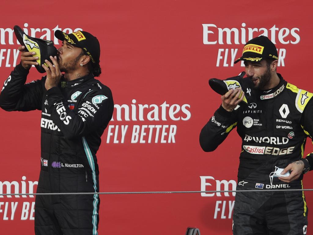 The teams may have changed, but the shoeys continued for Daniel Ricciardo – and Mercedes’ Lewis Hamilton. Picture: Getty