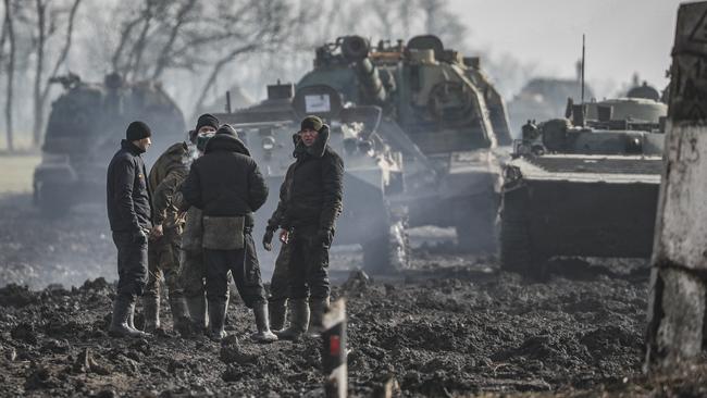 Russian troops amass in the Rostov region, near the border with Ukraine, on Wednesday. Picture: EPA