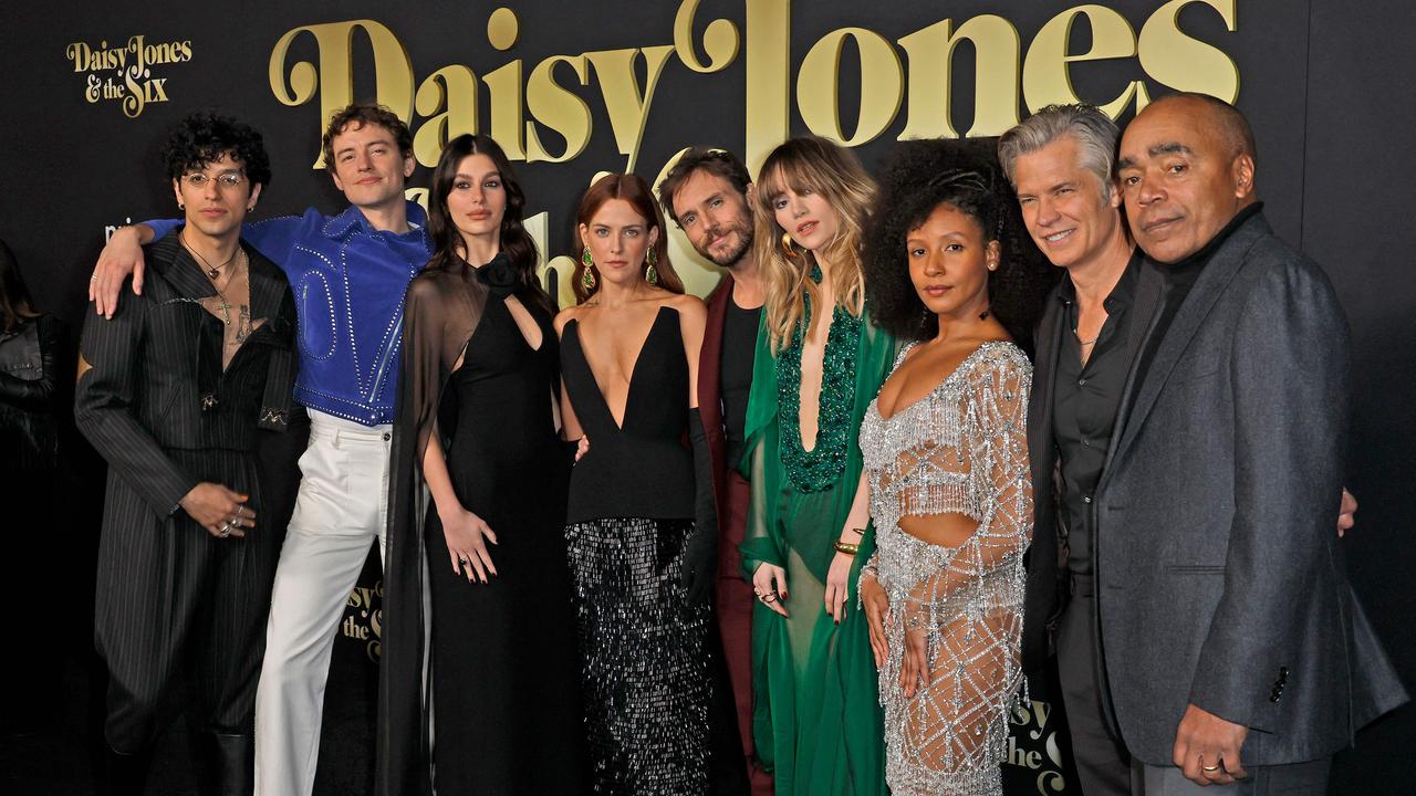 Riley Keough with her Daisy Jones castmates. Picture: Frazer Harrison/Getty/AFP