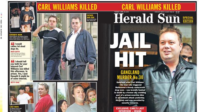 Front page and spread of the Carl Williams murder.