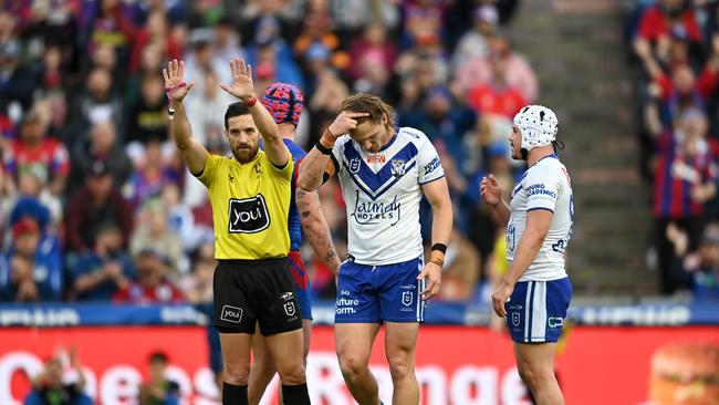 The Bulldogs could be without Jacob Preston for the rest of the season after he was charged for a shocking tackle on Jackson Hastings. Picture: NRL Photos