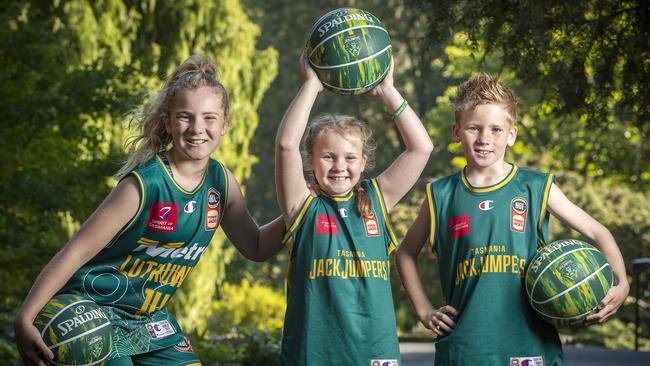 JackJumpers fans, siblings Ellie Schulze 10, Piper 7 and Lochie 8. Picture: Chris Kidd