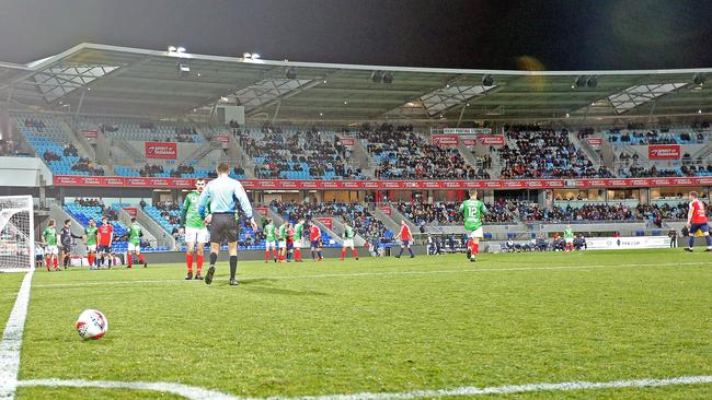 More than 2500 people turned up at Blundstone Arena to watch the FFA Cup round of 32 match between South Hobart and Marconi Stallions on Wednesday. Picture: ZAK SIMMONDS