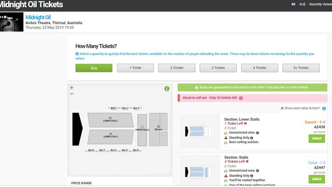 Midnight Oil tickets on Viagogo. Picture: Supplied