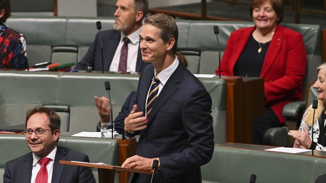 Andrew Charlton delivers his maiden speech at Parliament House in Canberra, having donned the Parramatta Eels’ blue and gold. Picture: NCA NewsWire / Martin Ollman