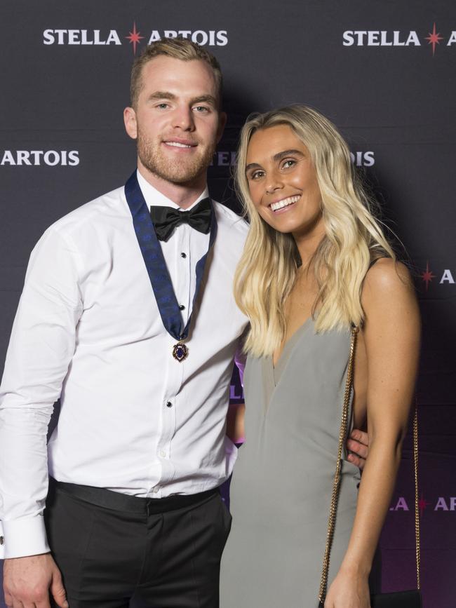 Tom Mitchell and Hannah Davis at the 2018 Brownlow after-party.