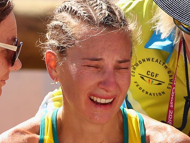 GOLD COAST, AUSTRALIA - APRIL 08:  Claire Tallent of Australia reacts after she is disqualified during the Women's 20km Race Walk Final on day four of the Gold Coast 2018 Commonwealth Games at Currumbin Beachfront on April 8, 2018 on the Gold Coast, Australia.  (Photo by Scott Barbour/Getty Images)