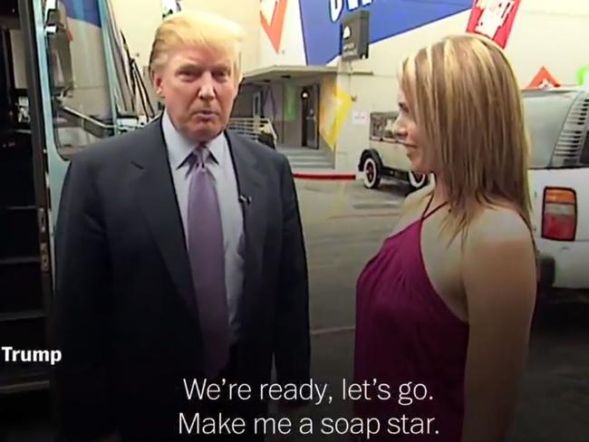 Donald Trump after stepping off the bus and being greeted by soap star Arianne Zucker.