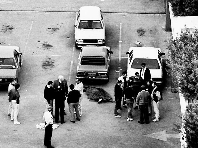 The body of Wade Frankum lies in the car park at Strathfield Shopping Plaza after he turned his gun on himself. File picture