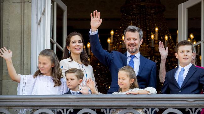 Crown Prince Frederik of Denmark and Crown Princess Mary with Prince Christian, Princess Isabella, Prince Vincent and Princess Josephine on the balcony of Amalienborg Palace square. Picture: Getty