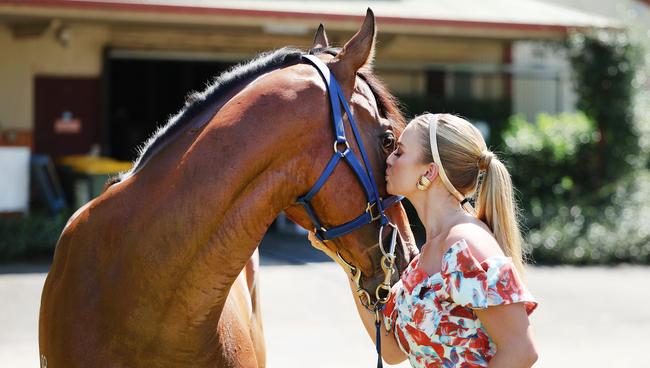 Grace Hayden with Golden Slipper runner King of Pop at Rosehill Gardens ahead of this weekend’s race. Picture: Rohan Kelly