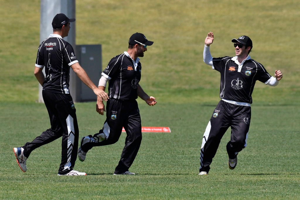 George Banks Umbrellas players celebrate a Daniel Wilson (centre) catch to remove Liam Moffett of Liebke Lions in Darling Downs Bush Bash League (DDBBL) round five T20 cricket at Highfields Sport Park, Sunday, October 20, 2019. Picture: Kevin Farmer