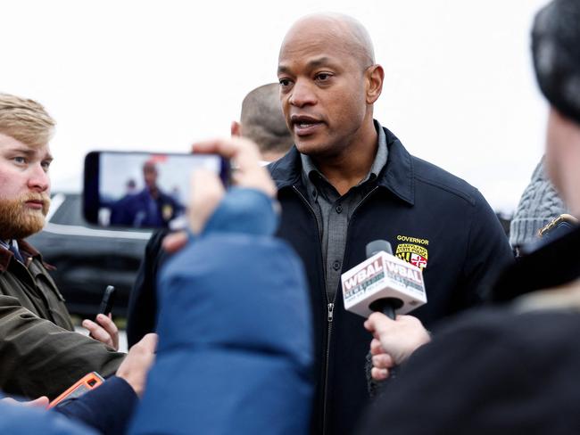 Maryland Governor Wes Moore speaks to reporters near the collapsed Francis Scott Key Bridge. Picture: AFP/Getty Images
