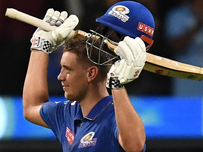 Mumbai Indians' Cameron Green celebrates after scoring a century (100 runs) and winning the Indian Premier League (IPL) Twenty20 cricket match between Mumbai Indians and Sunrisers Hyderabad at the Wankhede Stadium in Mumbai on May 21, 2023. (Photo by INDRANIL MUKHERJEE / AFP)