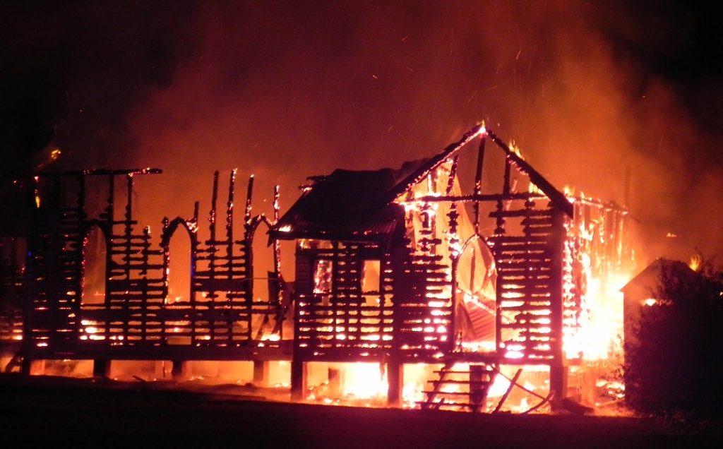 Firefighters battle a blaze that destroyed the Glenreagh Catholic Church early Sunday morning. Picture: Jennie Seed