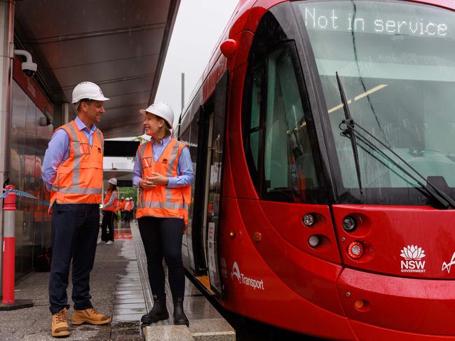 Daily Telegraph. 09, April, 2024.**Embargoed for Thursday 11th April**Transport NSW secretary Josh Murray and NSW Transport Minister Jo Haylen during a test ride on the new Parramatta Light rail, at Dundas, today.Picture: Justin Lloyd.