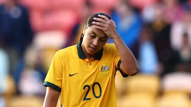 BRISBANE, AUSTRALIA – SEPTEMBER 03: Sam Kerr of Australia looks on after the International Women's Friendly match between the Australia Matildas and Canada at Suncorp Stadium on September 03, 2022 in Brisbane, Australia. (Photo by Chris Hyde/Getty Images)