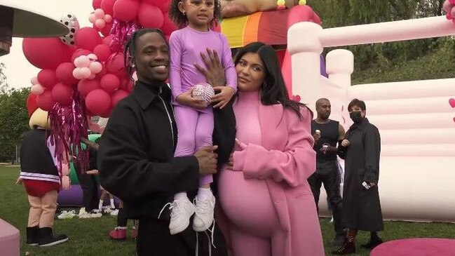 Fans spotted the tense interaction in a video from Kylie Jenner and Travis Scott’s daughter Stormi’s fourth birthday party. Picture: YouTube