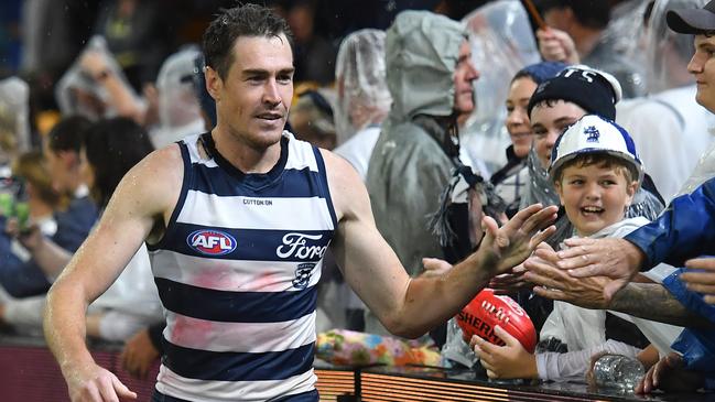 Jeremy Cameron of the Cats celebrates with fans after the win. Photo by Albert Perez/AFL Photos via Getty Images.