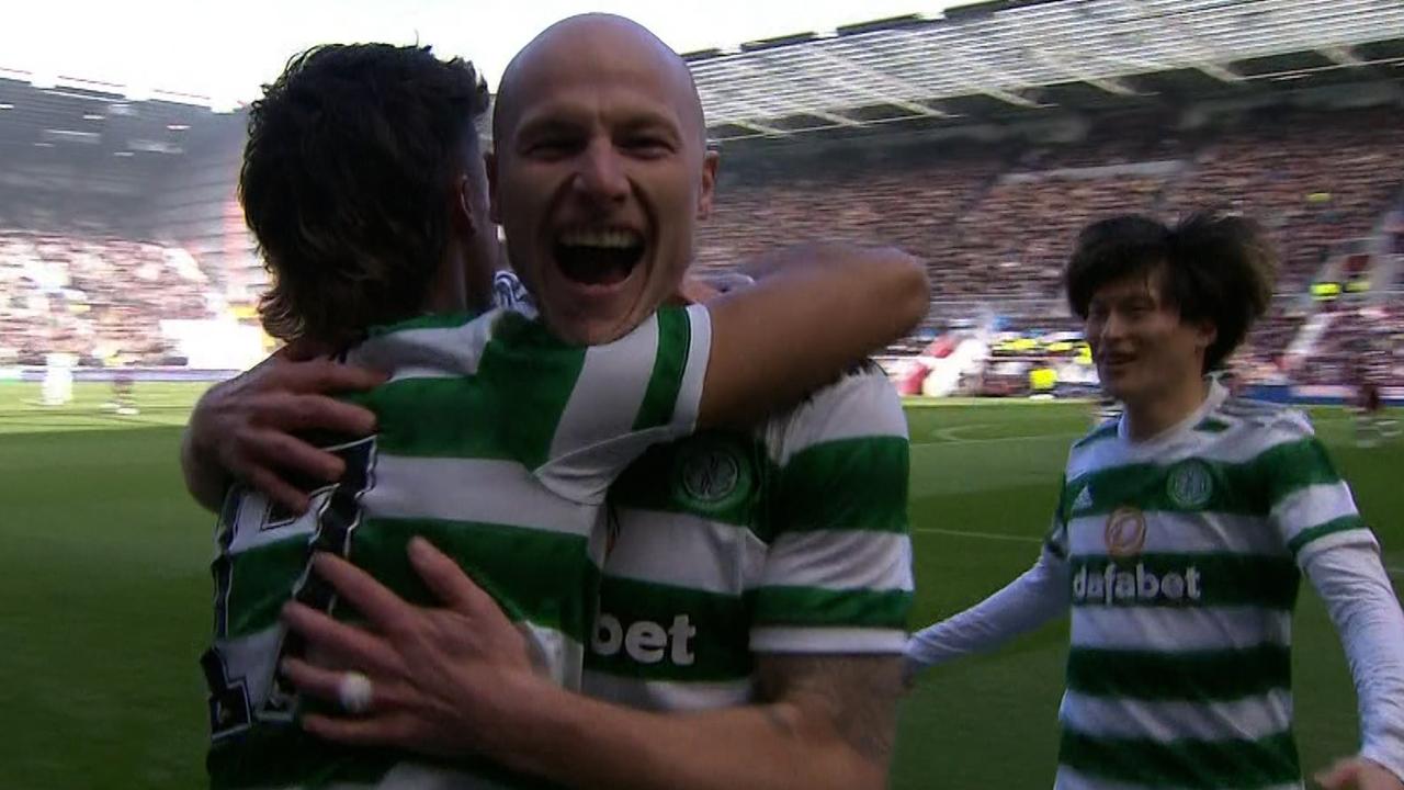 Aaron Mooy celebrates his early goal for Celtic.