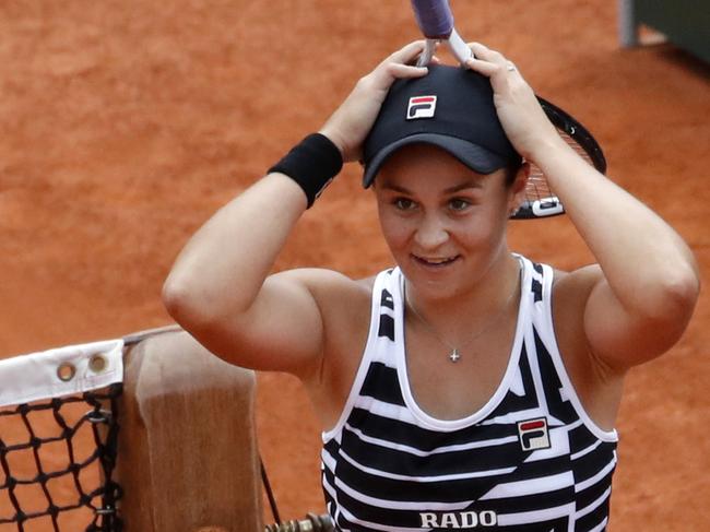 Australia's Ashleigh Barty celebrates winning her women's final match of the French Open tennis tournament against Marketa Vondrousova of the Czech Republic in two sets 6-1, 6-3, at the Roland Garros stadium in Paris, Saturday, June 8, 2019. (AP Photo/Christophe Ena)