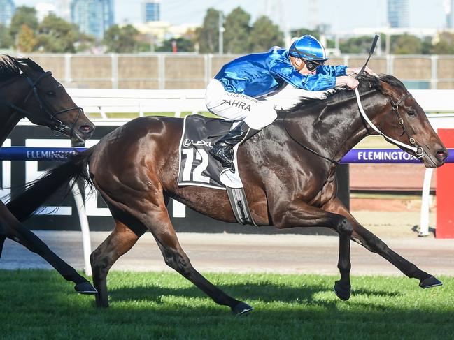 Oceanex charges to victory on Saturday. It was her third win at Flemington in as many starts there. Picture: Racing Photos