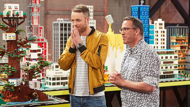 Blake with Ryan “The Brickman” McNaught on the set of upcoming series Lego Masters. (Picture: Supplied)