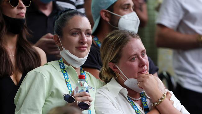 Alcott’s girlfriend Chantelle Otten and manager Georgie Saggers listen to Dylan speak. Picture: Michael Klein