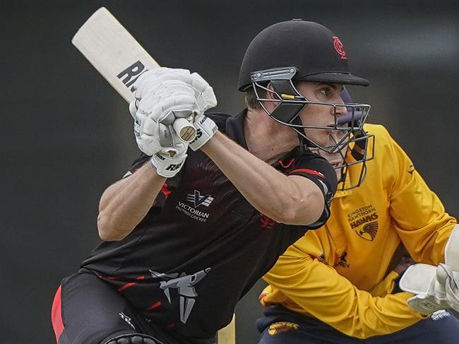 Premier Cricket: Kingston Hawthorn v Essendon. James Seymour batting for Essendon and Kingston keeper Joel Lewis. Picture: Valeriu Campan