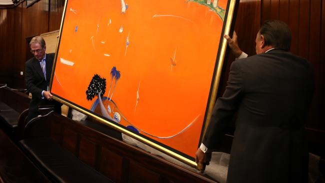 Evidence exhibits, including these two paintings Big Blue Lavender Bay &amp; Orange Lavender Bay during the Whiteley fake art court case at the Supreme Court in Melbourne. Picture: Stuart McEvoy