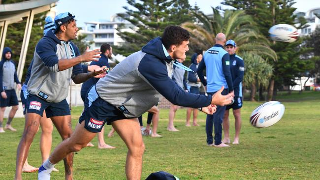 Nathan Cleary passes the ball ahead of the Blues official team photo. Picture: AAP