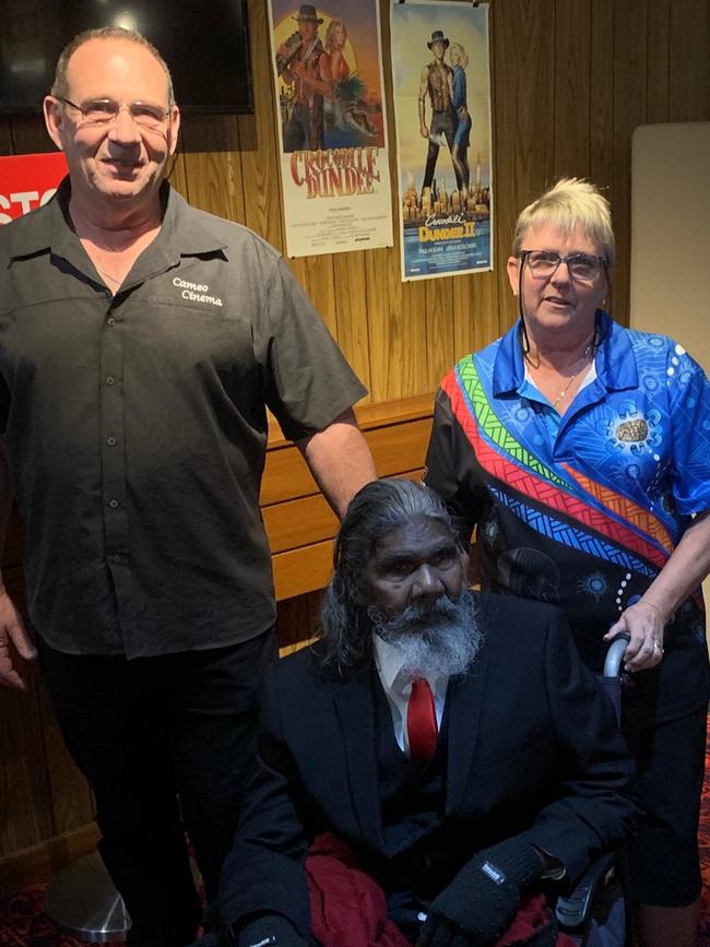 Cameo Cinema owner Daryl Kennett, David Dalaithngu and Sue Kennett before the closure of the theatre earlier this year. Picture: Supplied Cameo Cinema