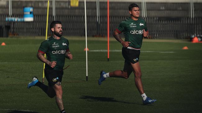 Rabbitohs captain Adam Reynolds, left, and Latrell Mitchell at Redfern Oval