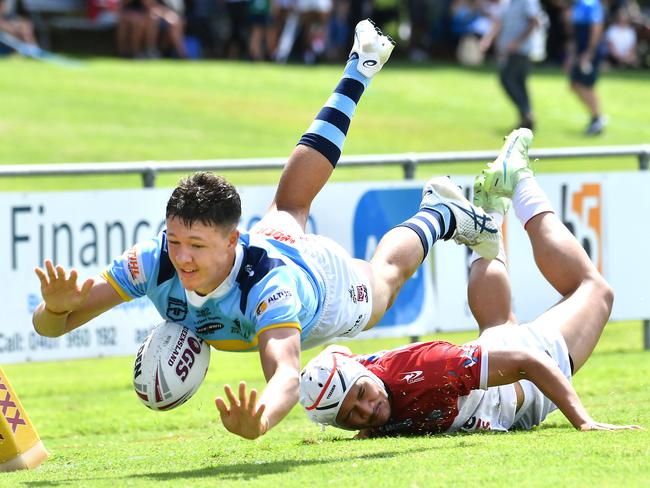 Norths Devils player Tyreece Tait gets a try Norths Devils v Redcliffe Dolphins in Meninga Cup Sunday March 27, 2022. Picture, John Gass