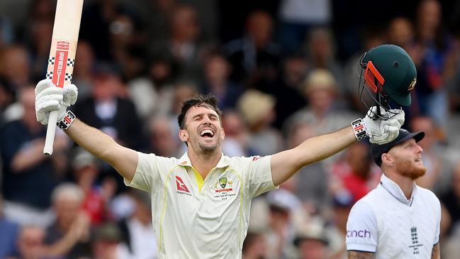 Mitchell Marsh celebrates his century on day one of the third Ashes Test at Headingley in Leeds. Picture: Getty Images