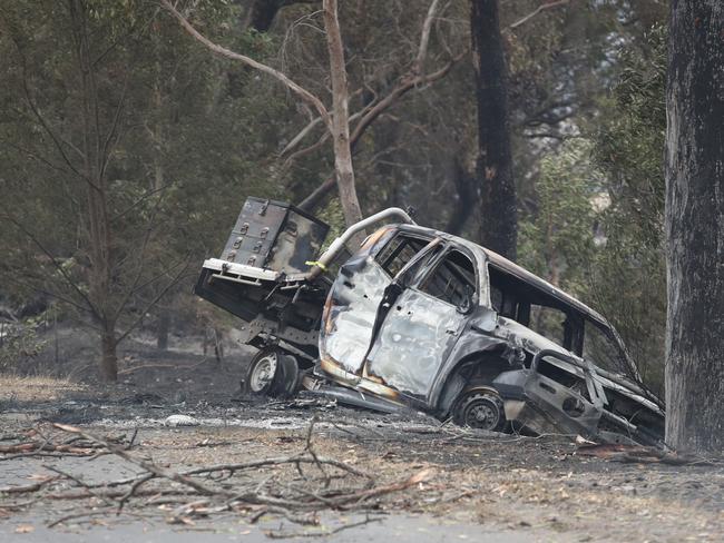 The remnants of a burned-out ute. Picture: David Crosling