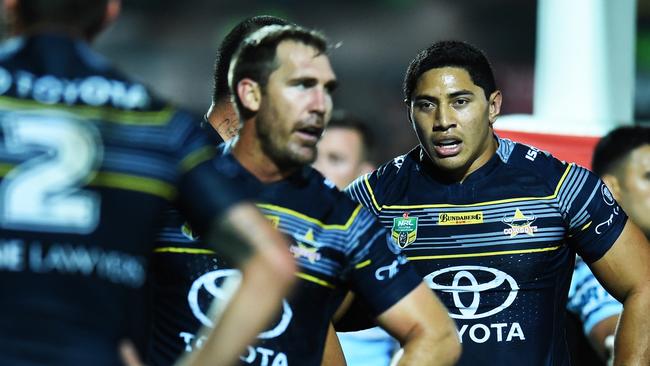 North Queensland Cowboys V Cronulla-Sutherland Sharks from 1300 Smiles Stadium, Townsville. Cowboys Jason Taumalolo after a Sharks try. Picture: Zak Simmonds