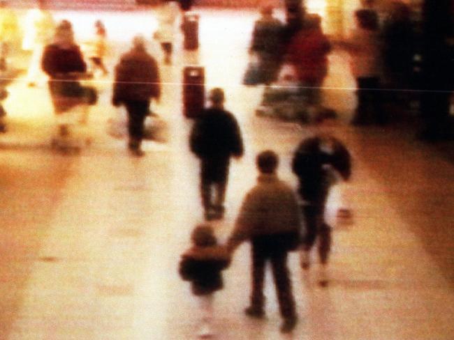 A surveillance camera shows the abduction of two-year-old James Bulger from a shopping mall in Liverpool on February 12, 1993. Picture: BWP Media/Getty Images