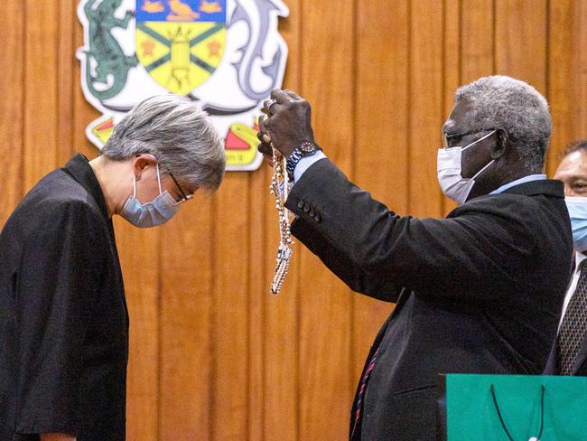 Manasseh Sogavare met with Foreign Minister Penny Wong in Honiara earlier this month. Picture: Julia Whitewell/DFAT/AFP