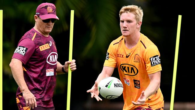 Tom Dearden runs through drills with Kevin Walters. Picture: Getty Images